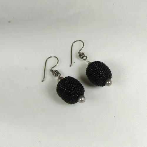 Earrings in Handmade Black Seed Beaded Bead