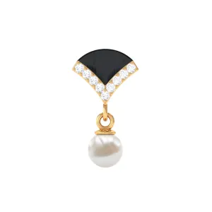 Elegant Diamond and Freshwater Pearl Drop Earring with Black Enamel