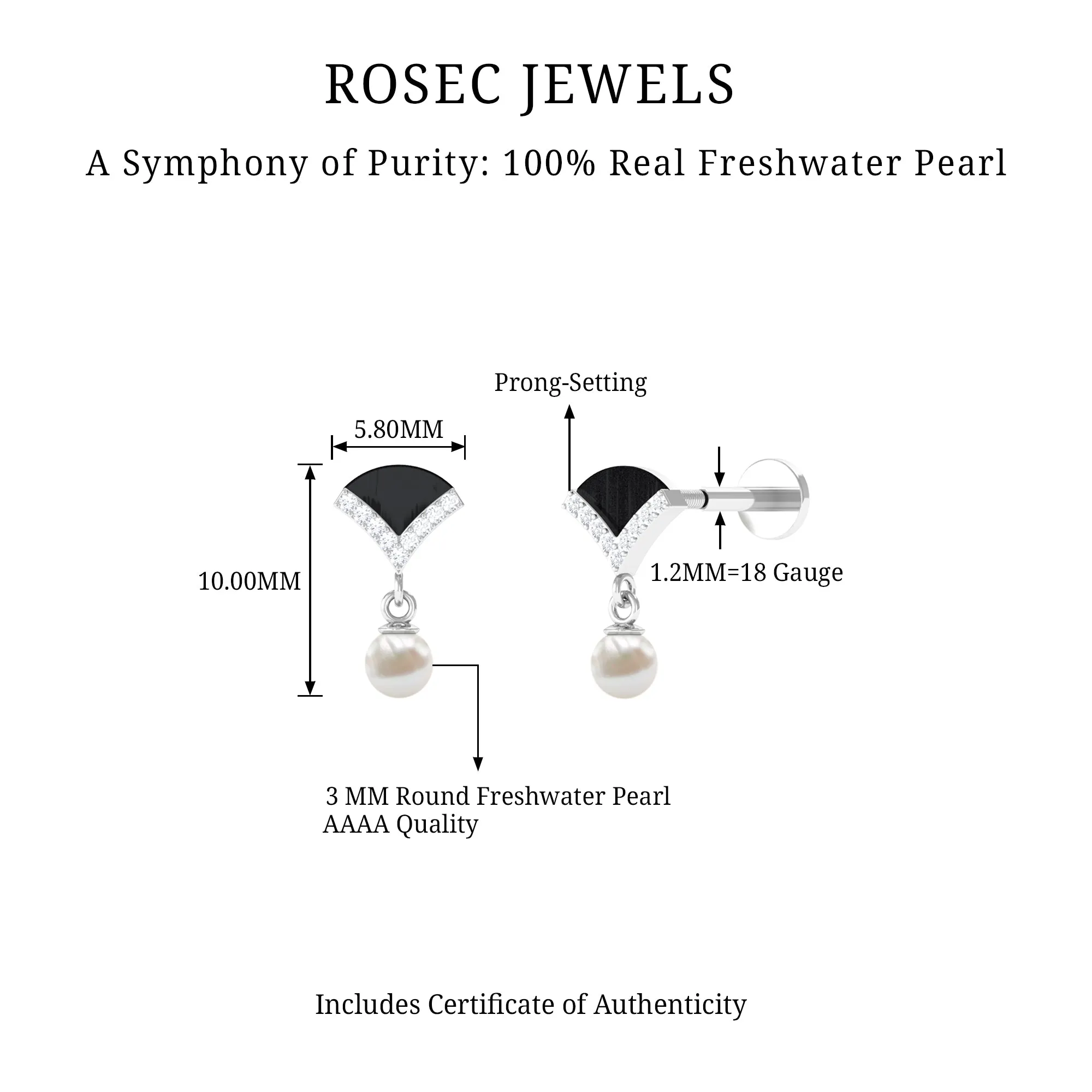 Elegant Diamond and Freshwater Pearl Drop Earring with Black Enamel