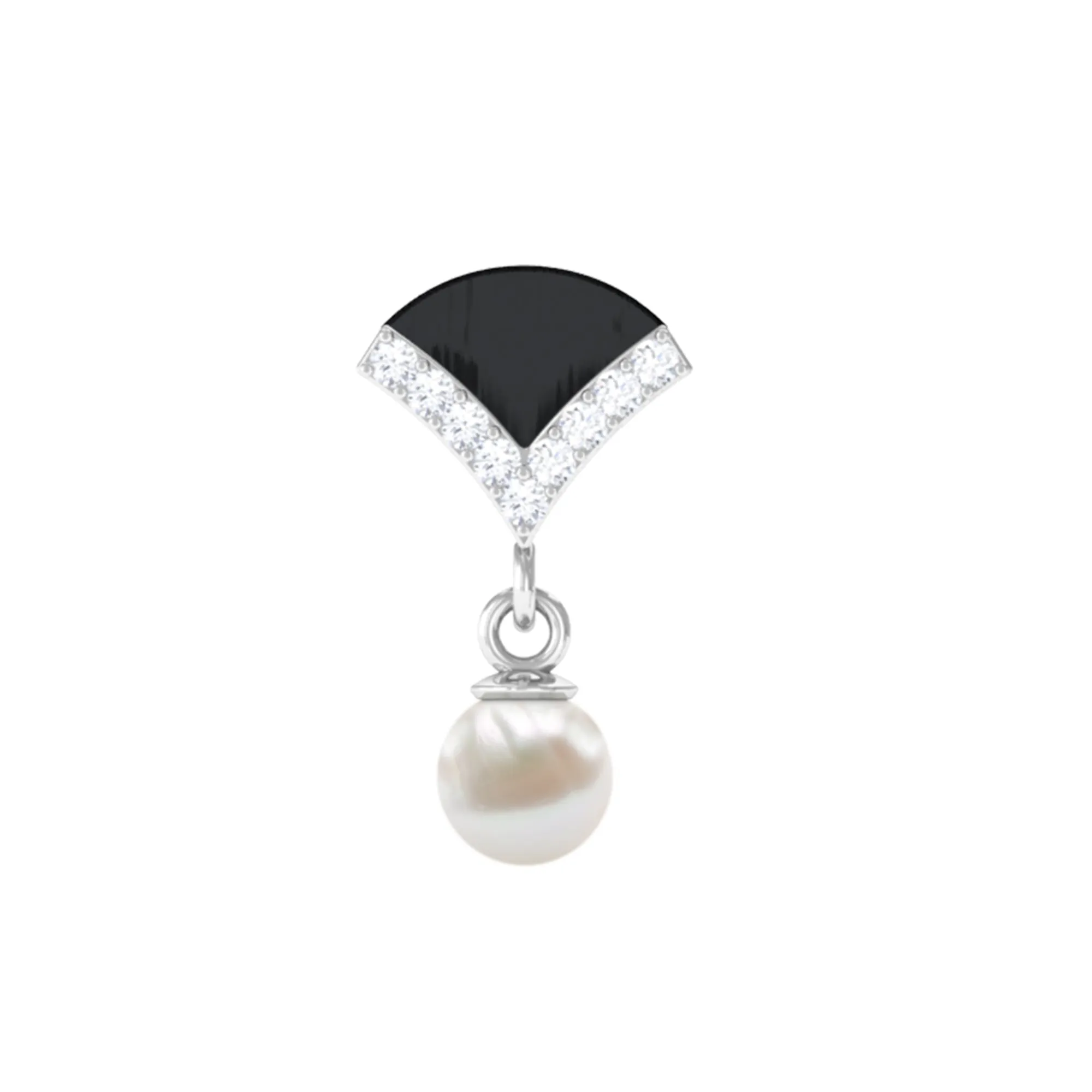 Elegant Diamond and Freshwater Pearl Drop Earring with Black Enamel