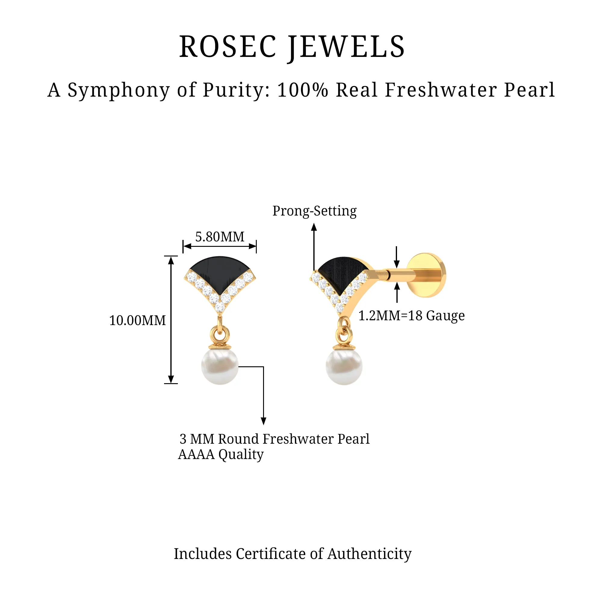 Elegant Diamond and Freshwater Pearl Drop Earring with Black Enamel