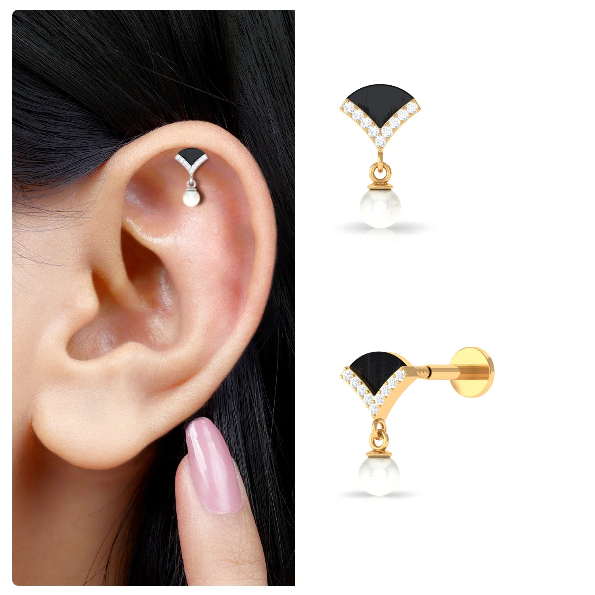 Elegant Diamond and Freshwater Pearl Drop Earring with Black Enamel