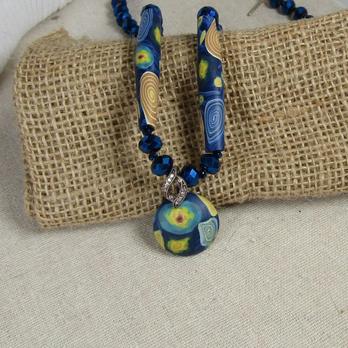 Exotic Royal Blue Polymer Clay Bead Necklace with Pendant