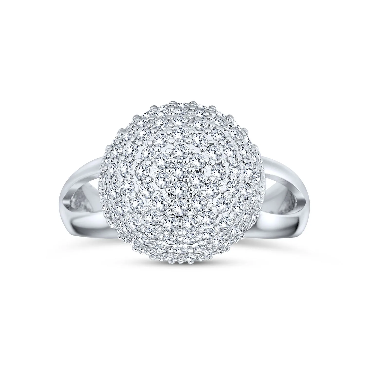 Fancy Cocktail Statement Ring with CZ Pave Disco Ball & Split Shank Band in Silver