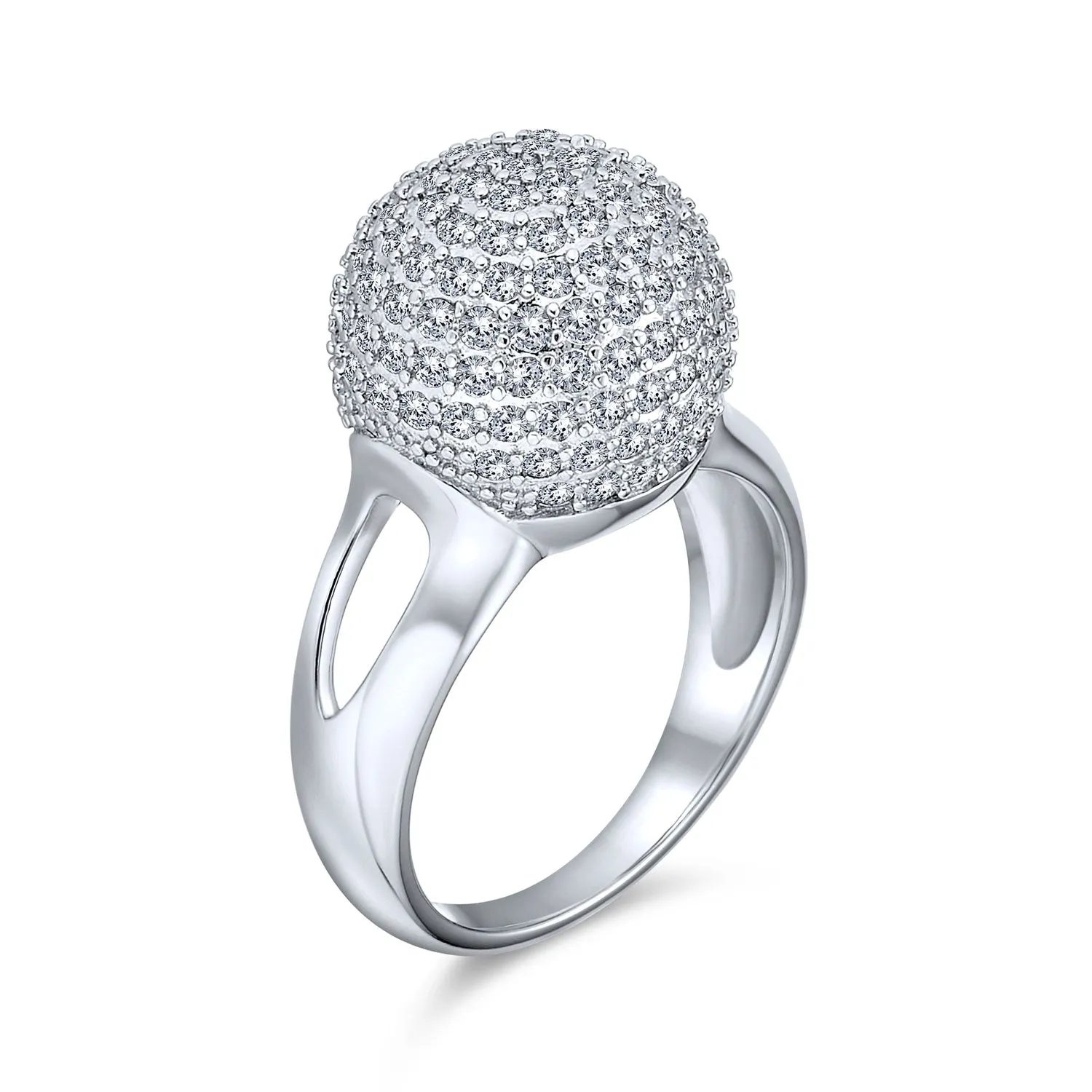 Fancy Cocktail Statement Ring with CZ Pave Disco Ball & Split Shank Band in Silver