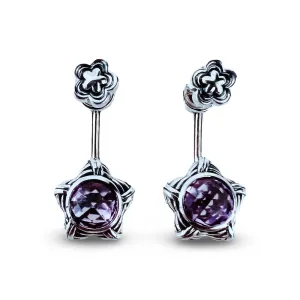 Fantasies Flower Push Pin Drop Earrings in sterling silver with amethyst