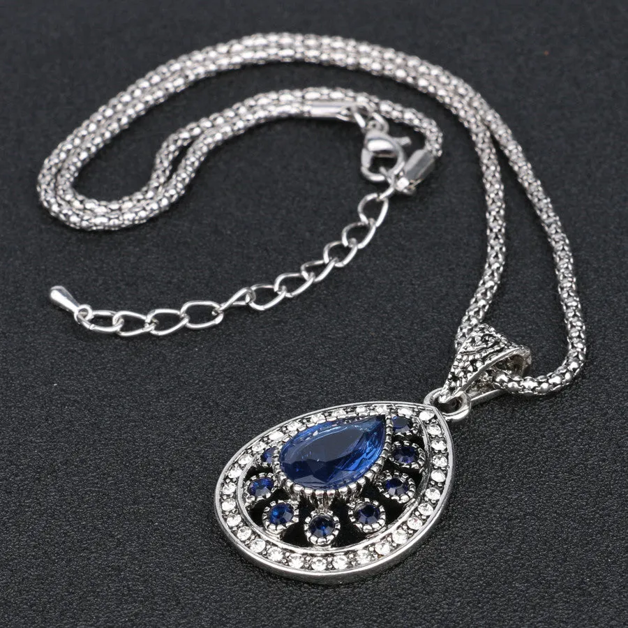 Fashion Vintage Sapphire Necklace For Women Tibetan Silver Alloy Water Drop Pendant Wedding Necklace