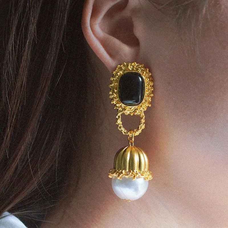 French Retro Long Pearl Drop Earrings | Gold Metal Jewelry | Elegant Vintage Style