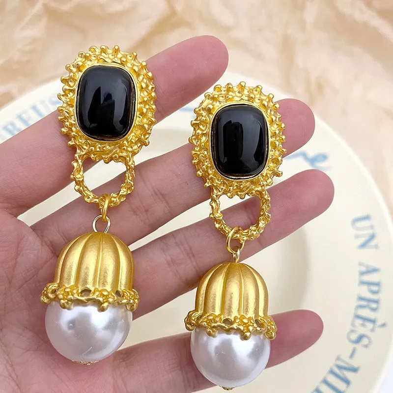 French Retro Long Pearl Drop Earrings | Gold Metal Jewelry | Elegant Vintage Style