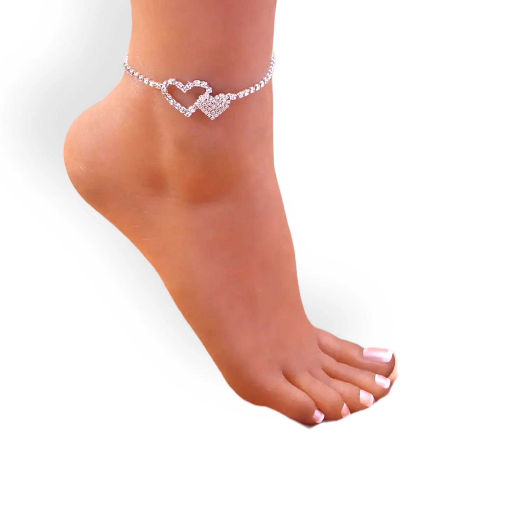 Glittery Silver Double Hearted Anklet