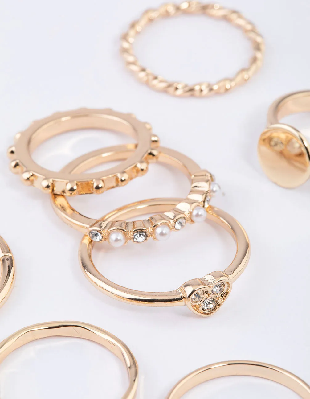 Gold Disc & Diamante Heart Ring 8-Pack