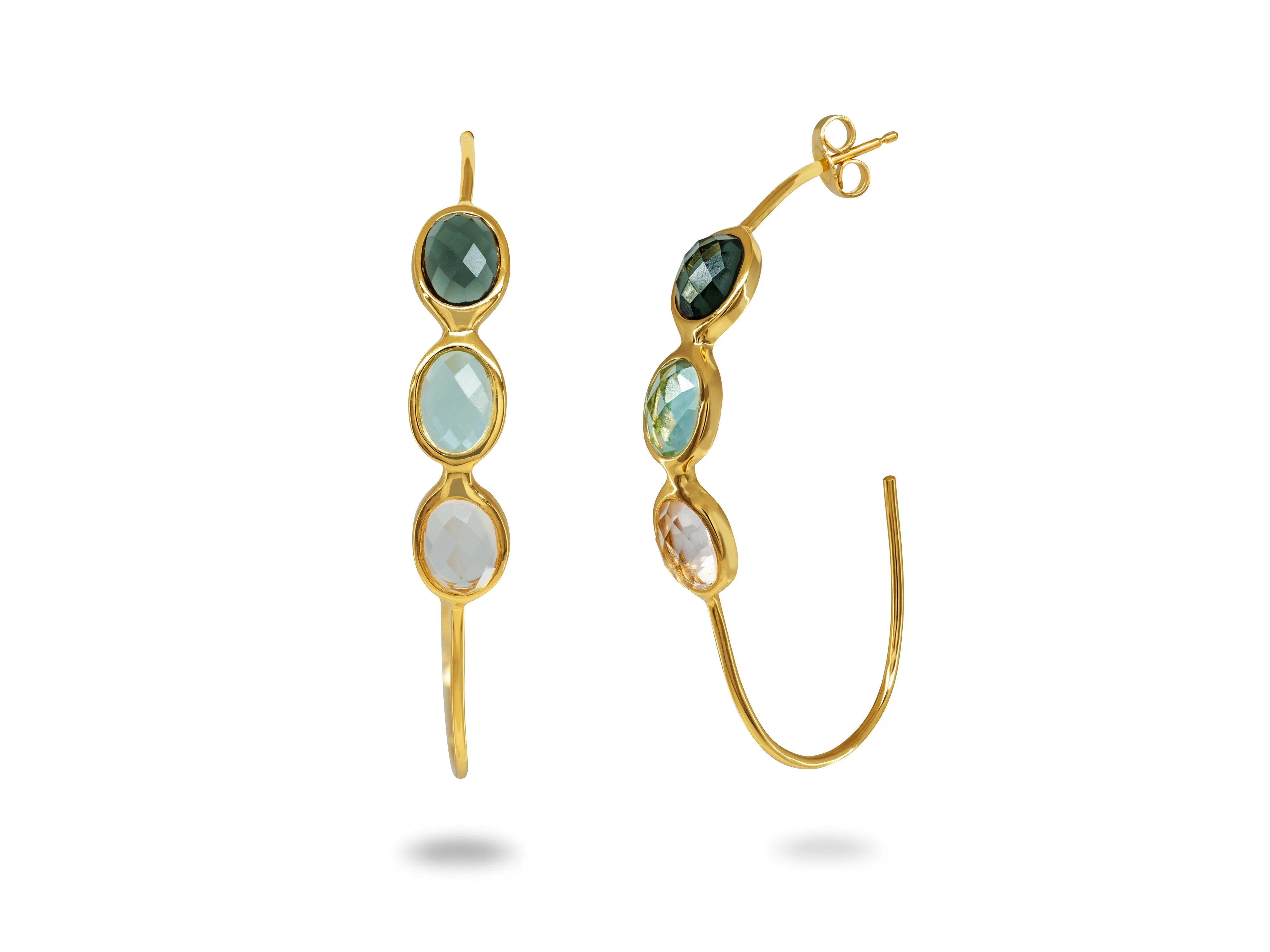 Gold Tri Stone Half Hoop Earrings in Sterling SIlv