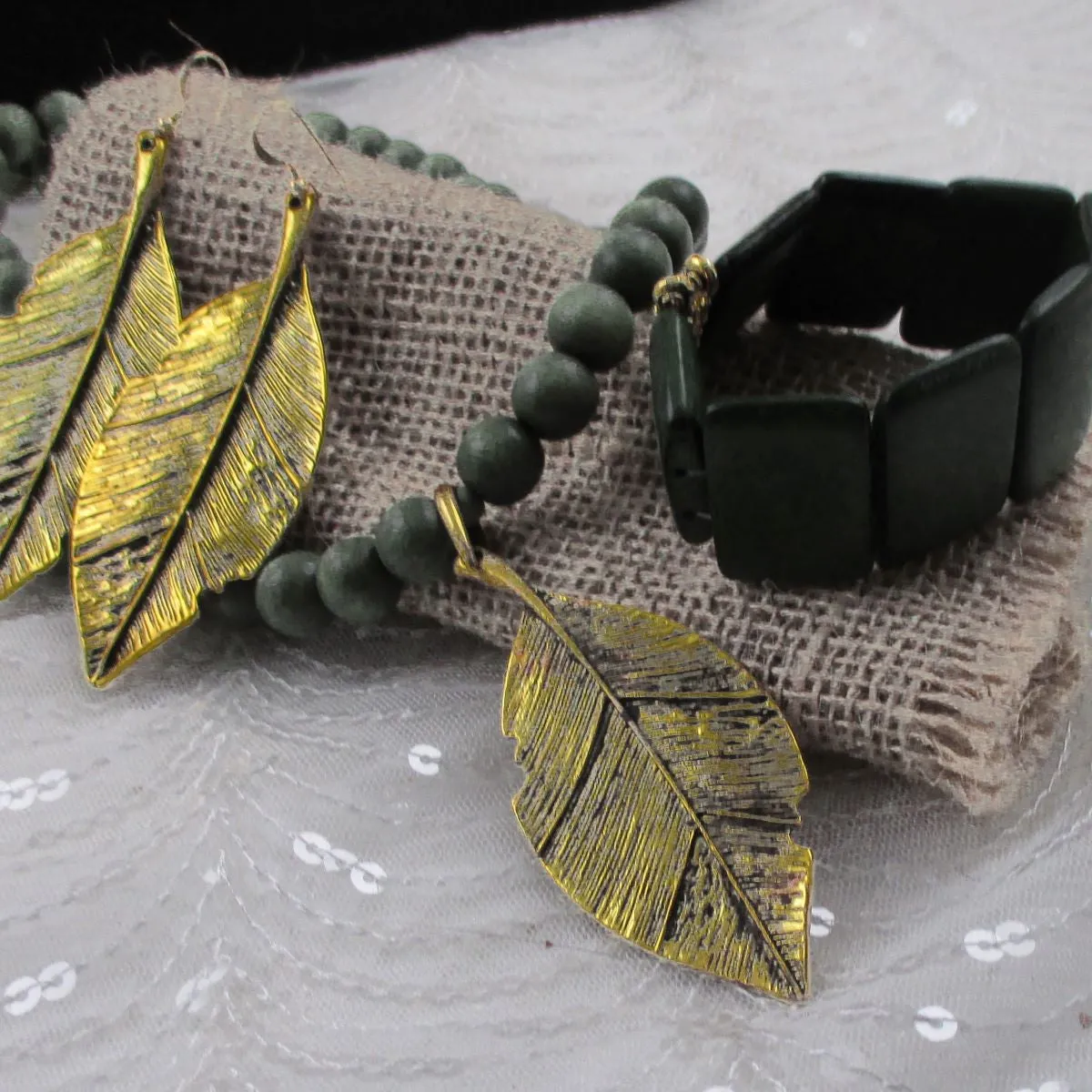 Green Wooden Beaded  Necklace Bracelet & Gold Leaf Earrings Jewelry Set