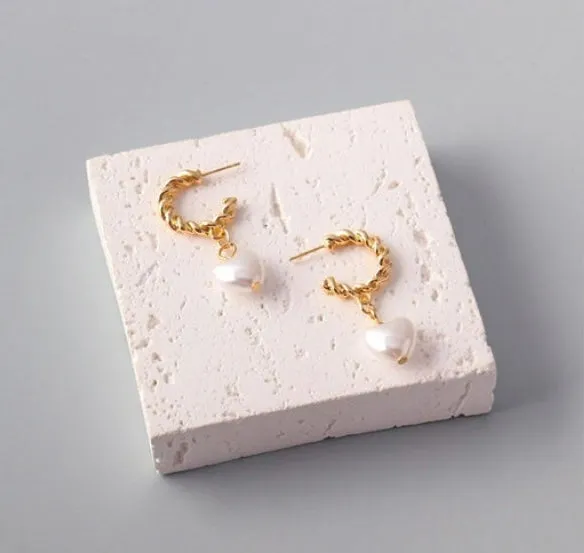 Heart Pearl Drop Twisted Hoop Earrings - In Gold & Silver