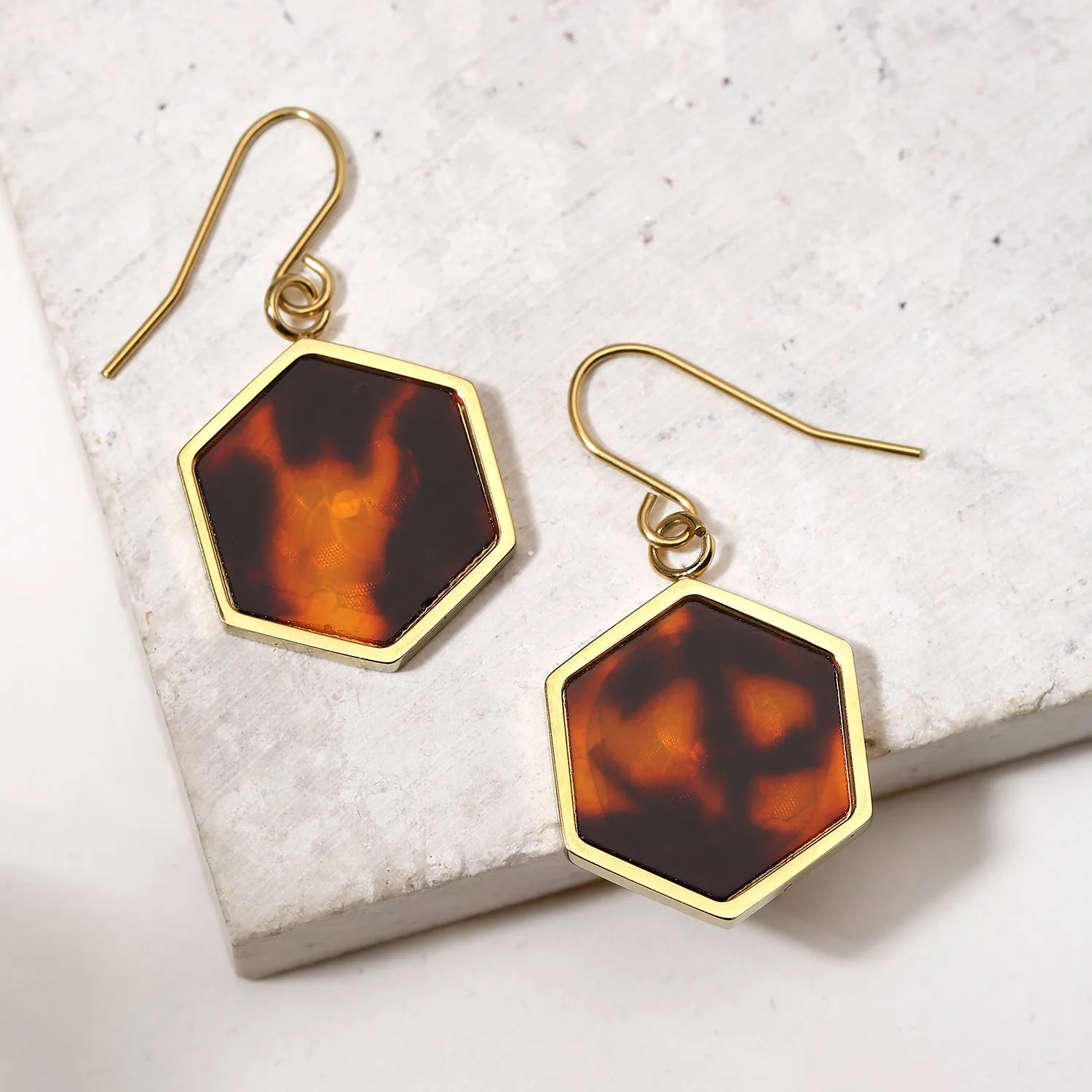 Hexagon Brown Tortoise Shell Dangle Earrings 14K Gold Plated Stainless Steel