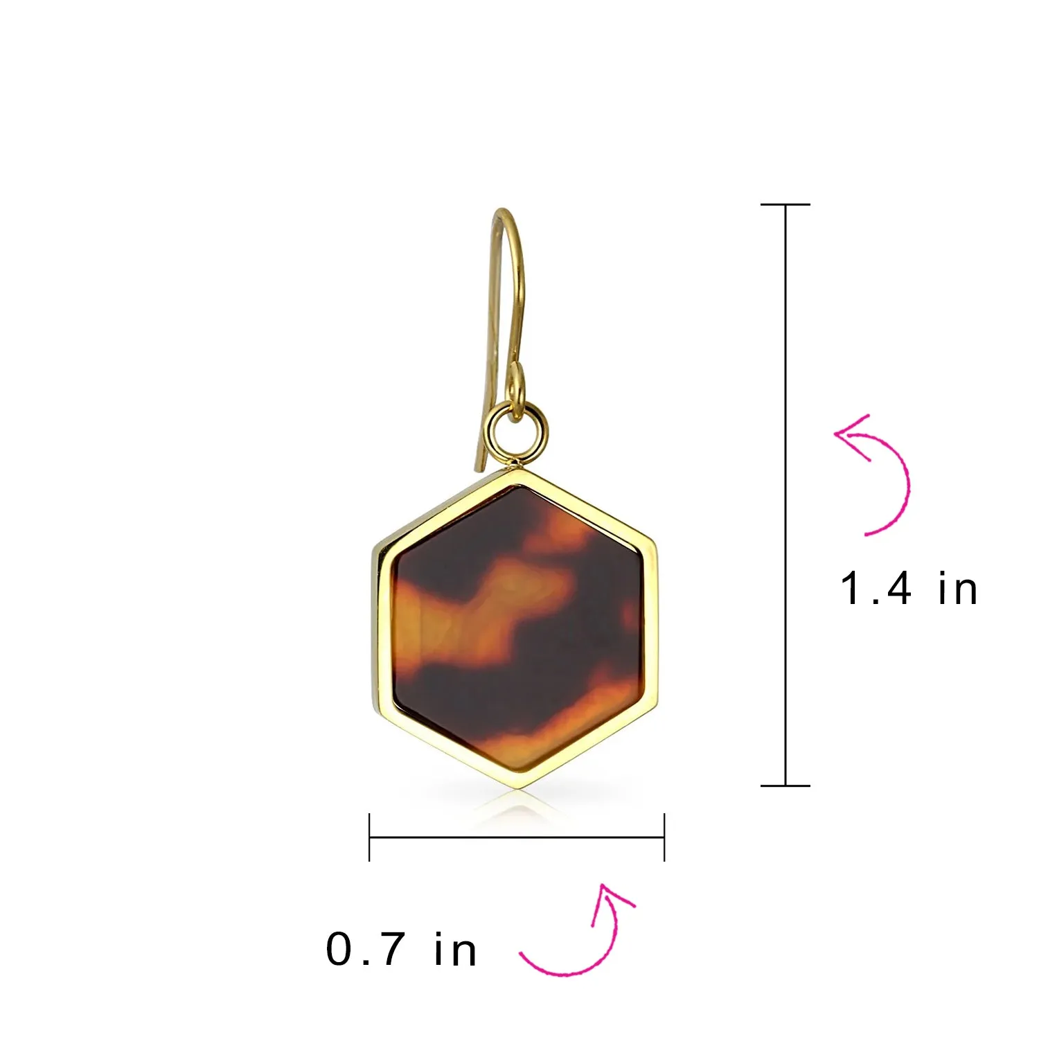 Hexagon Brown Tortoise Shell Dangle Earrings 14K Gold Plated Stainless Steel