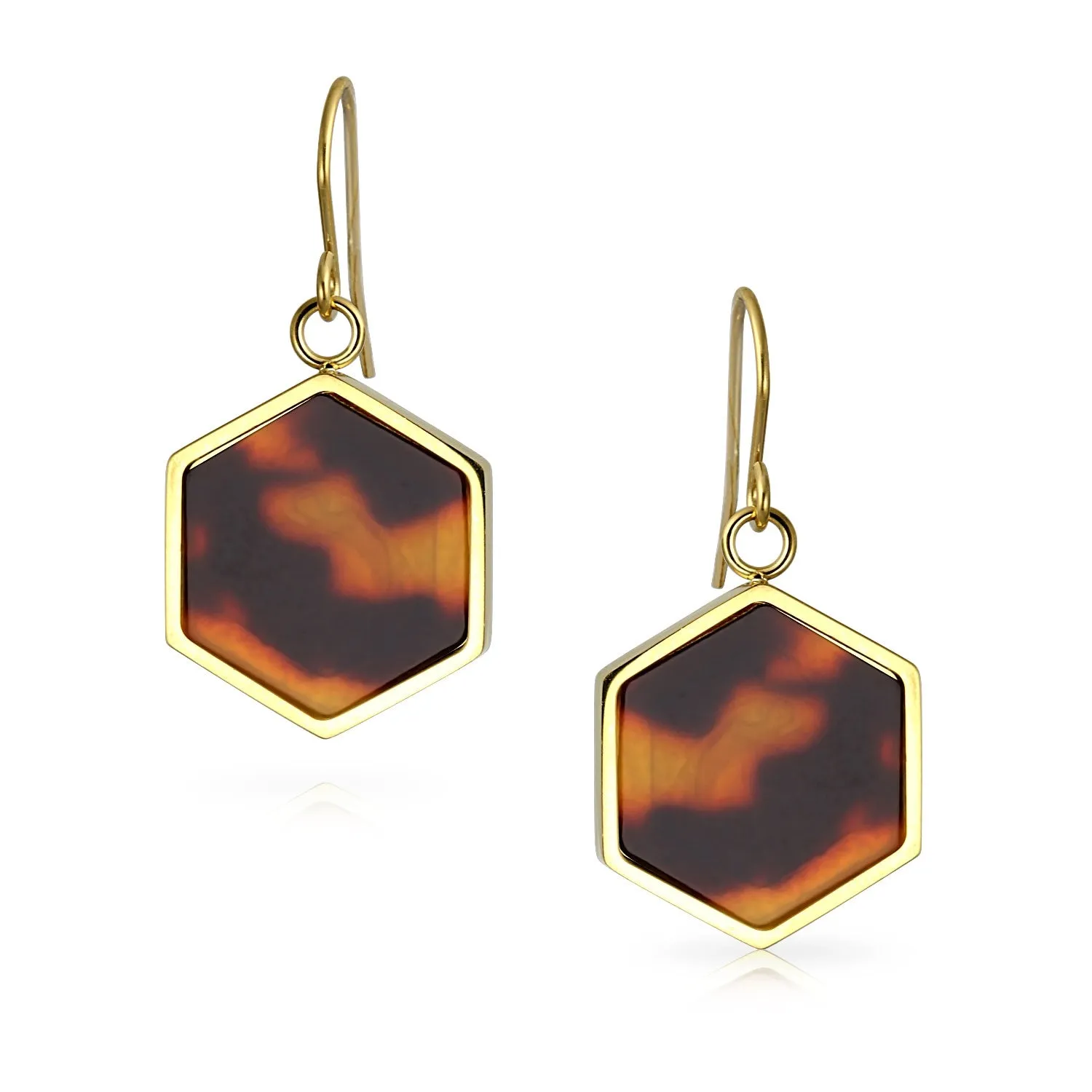 Hexagon Brown Tortoise Shell Dangle Earrings 14K Gold Plated Stainless Steel