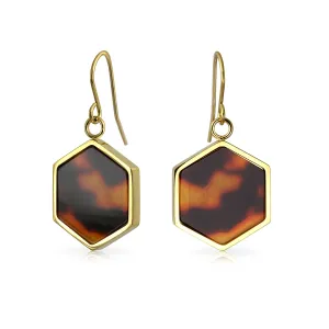 Hexagon Brown Tortoise Shell Dangle Earrings 14K Gold Plated Stainless Steel