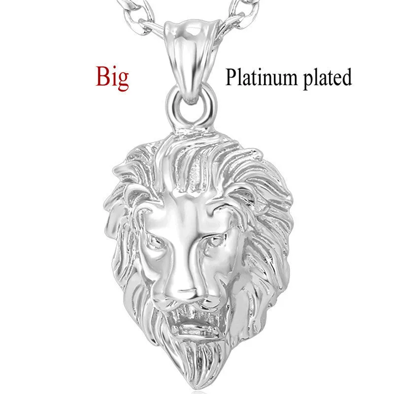 Hip Hop Big Lion Head Pendant & Chain For Men Jewelry Platinum/Yellow Gold Plated Vintage Kpop Statement Necklace