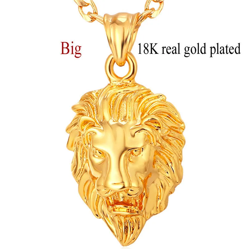 Hip Hop Big Lion Head Pendant & Chain For Men Jewelry Platinum/Yellow Gold Plated Vintage Kpop Statement Necklace