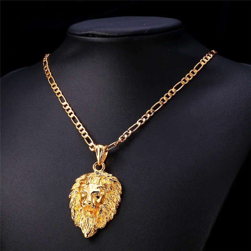 Hip Hop Big Lion Head Pendant & Chain For Men Jewelry Platinum/Yellow Gold Plated Vintage Kpop Statement Necklace