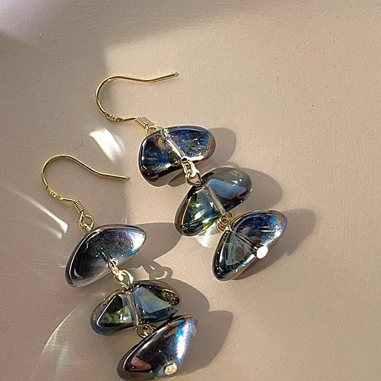 Iridescent Triple Stone Dangle Earrings with Gold Hooks-jlt11521