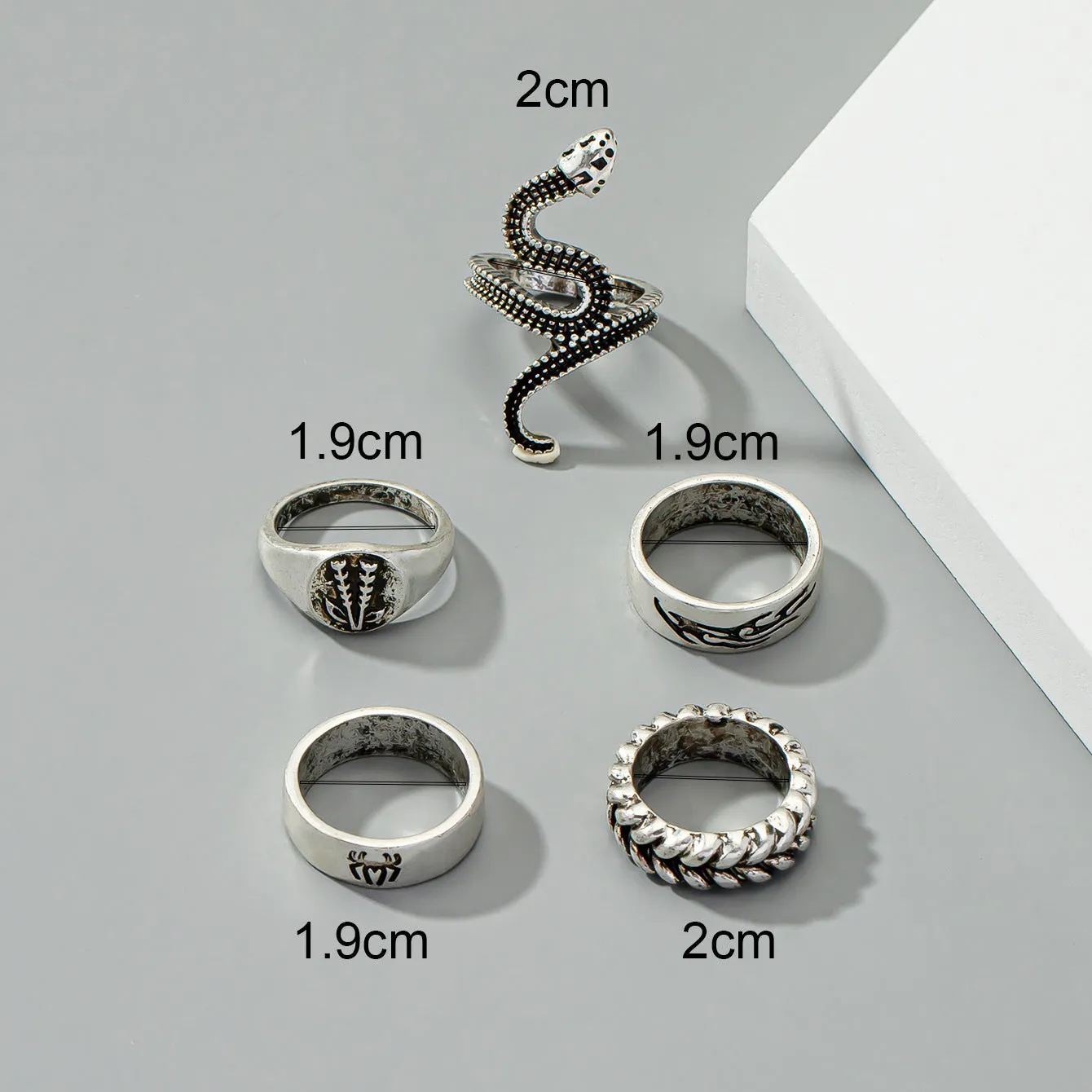 Japanese and Korean Retro Fusion Snake Head Geometric Rings Set of 5 - Wholesale Jewelry