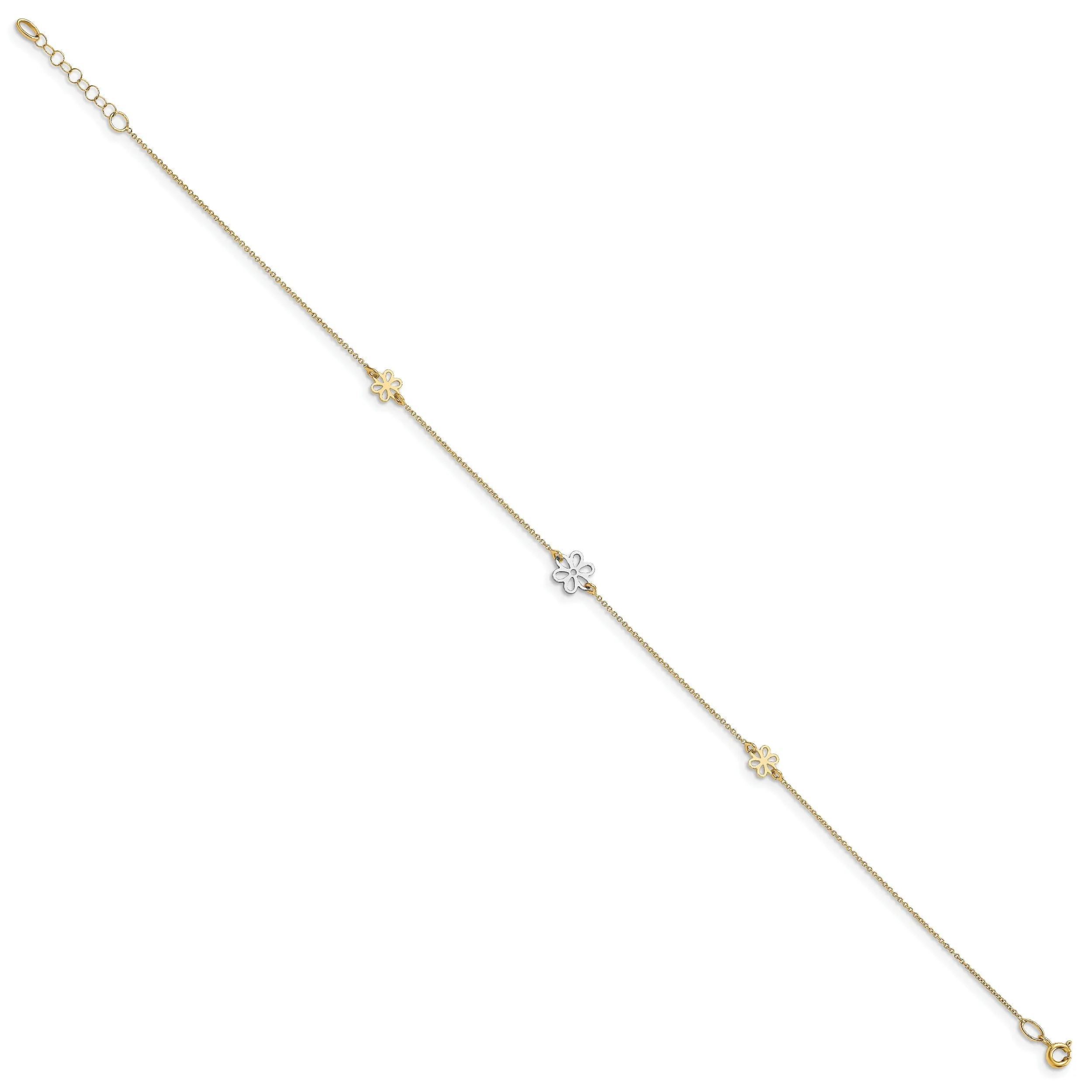 Leslie 14k Two Tone Gold Polished Flower Anklet