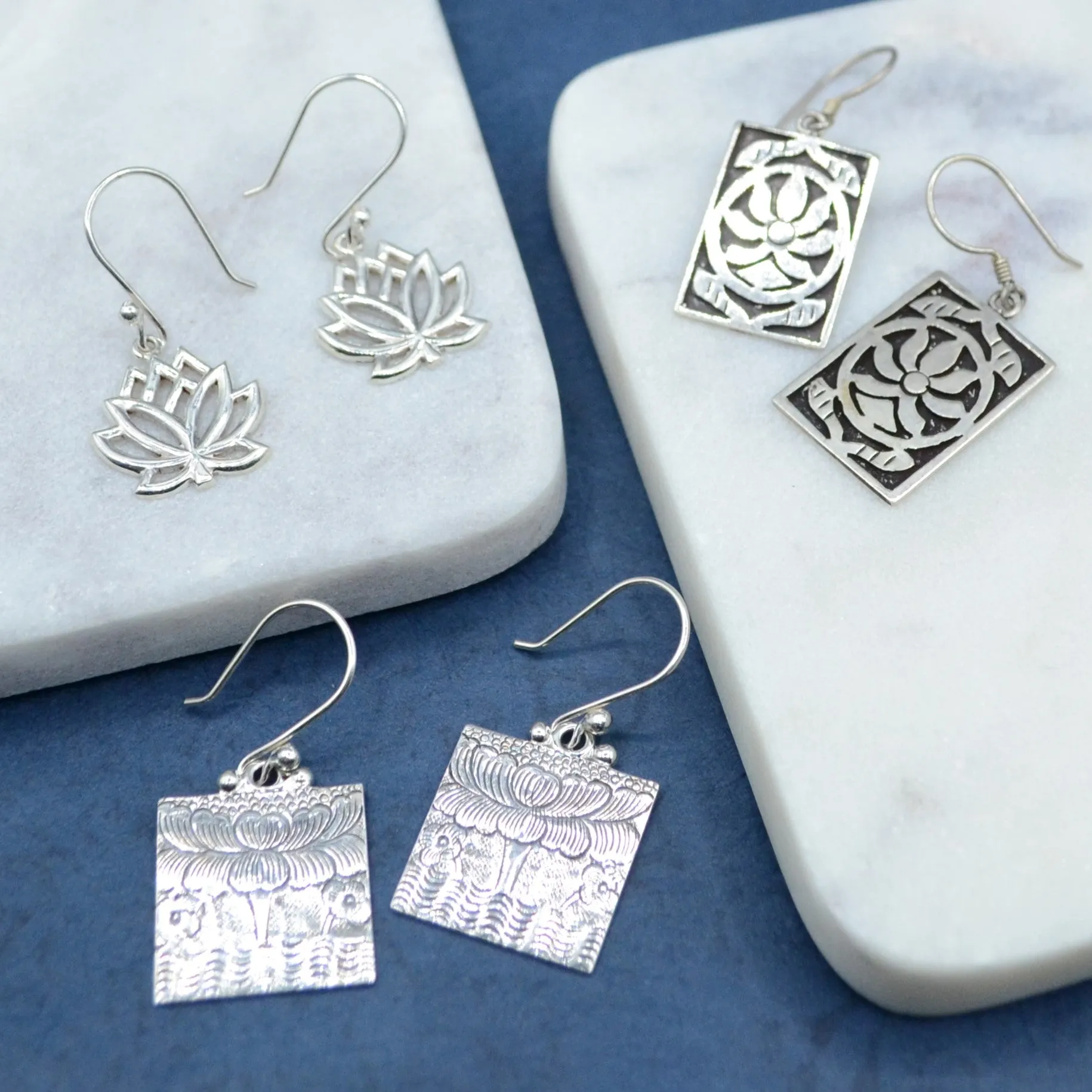 Long Lotus Silver Earrings