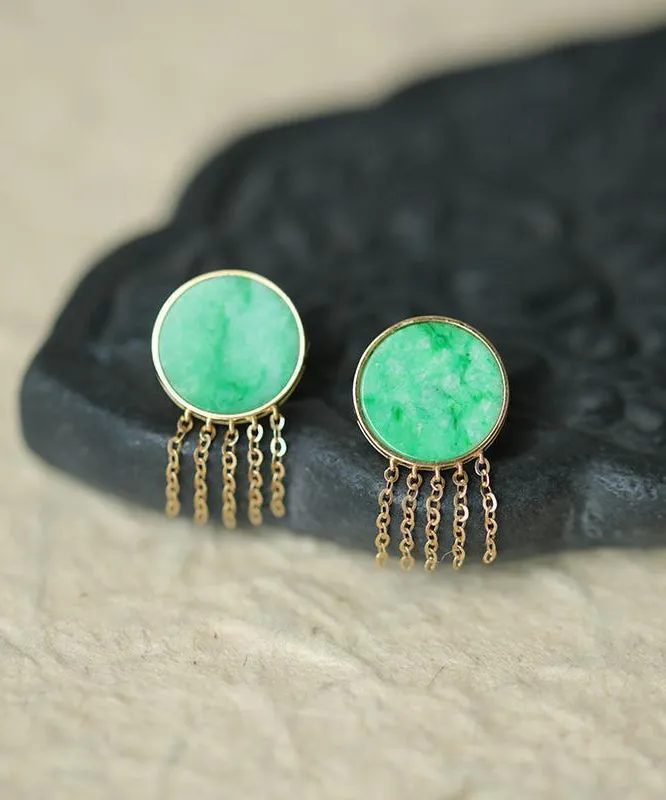 Loose Green Sterling Silver Overgild Jade Tassel Stud Earrings QU042