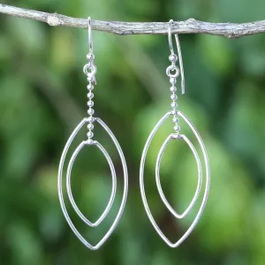 Lotus Symmetry Long Sterling Silver Hook Earrings Handcrafted in Thailand