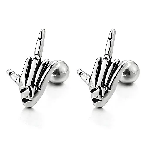 Mens Womens Stainless Steel Vintage Hand Skeleton Bone Stud Earrings, Screw Back, Punk Rock Gothic