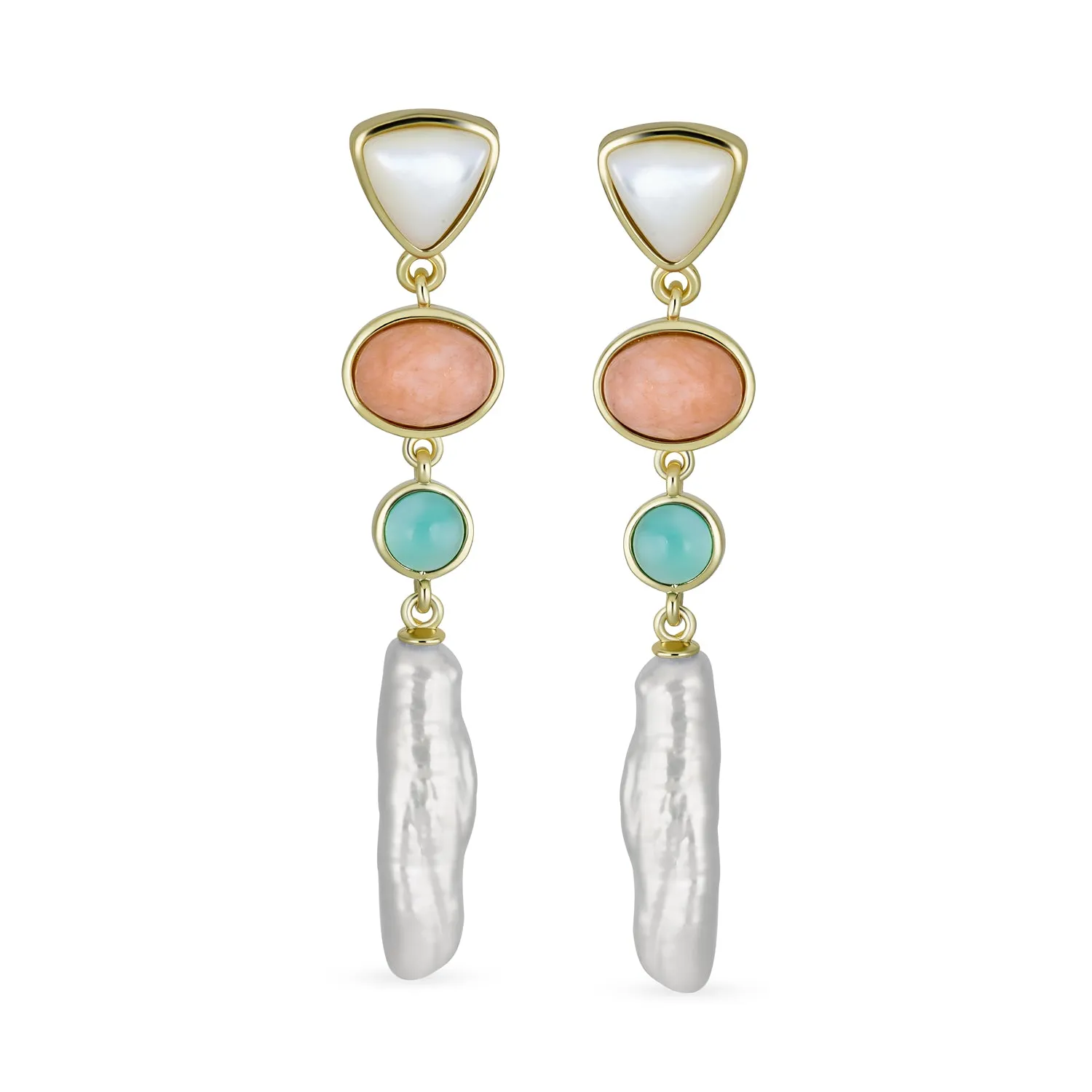 Modern Bridal Dangle Gemstone Earrings with Tri Tone Pastel Gemstones & Pearls