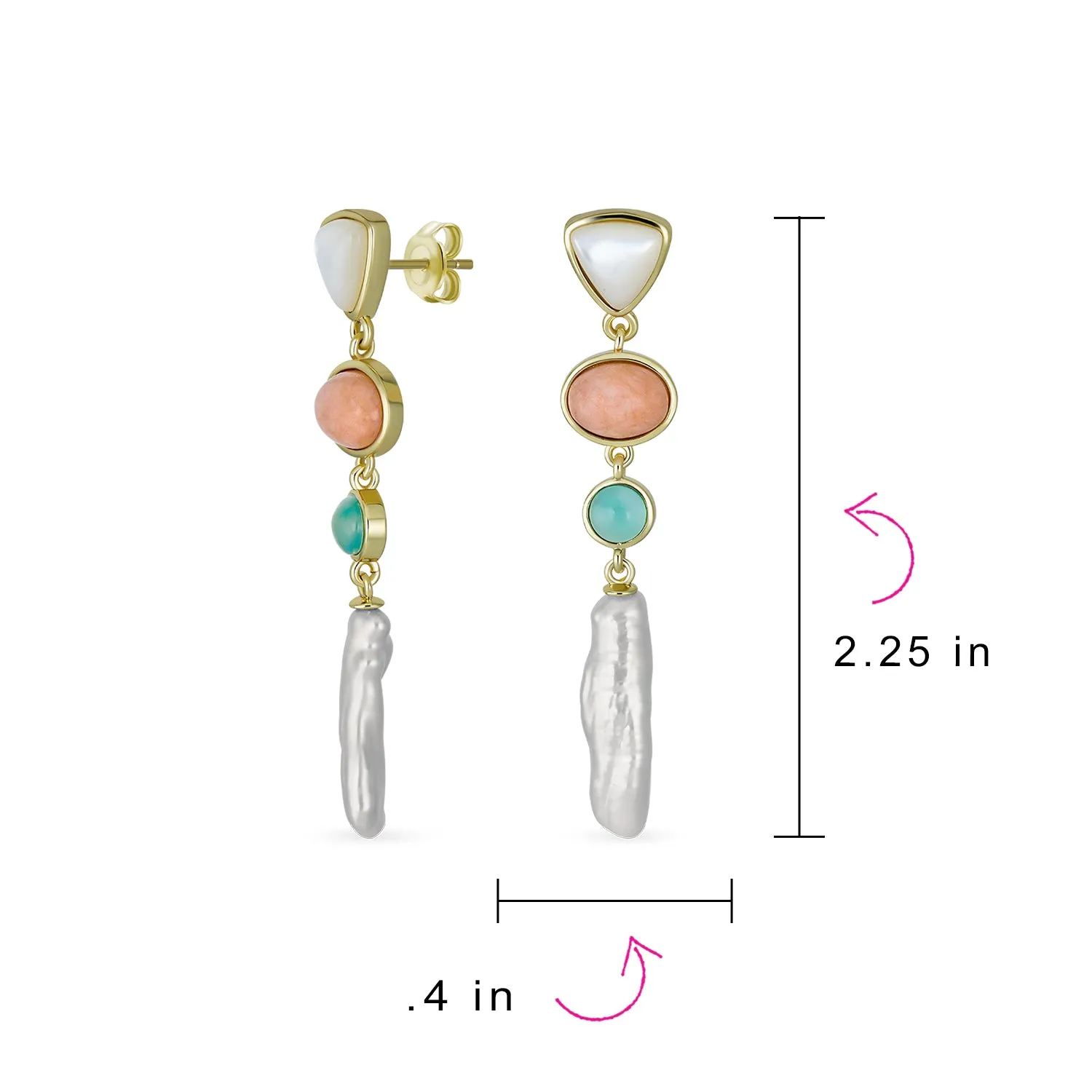 Modern Bridal Dangle Gemstone Earrings with Tri Tone Pastel Gemstones & Pearls