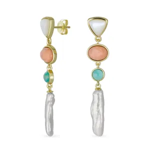 Modern Bridal Dangle Gemstone Earrings with Tri Tone Pastel Gemstones & Pearls