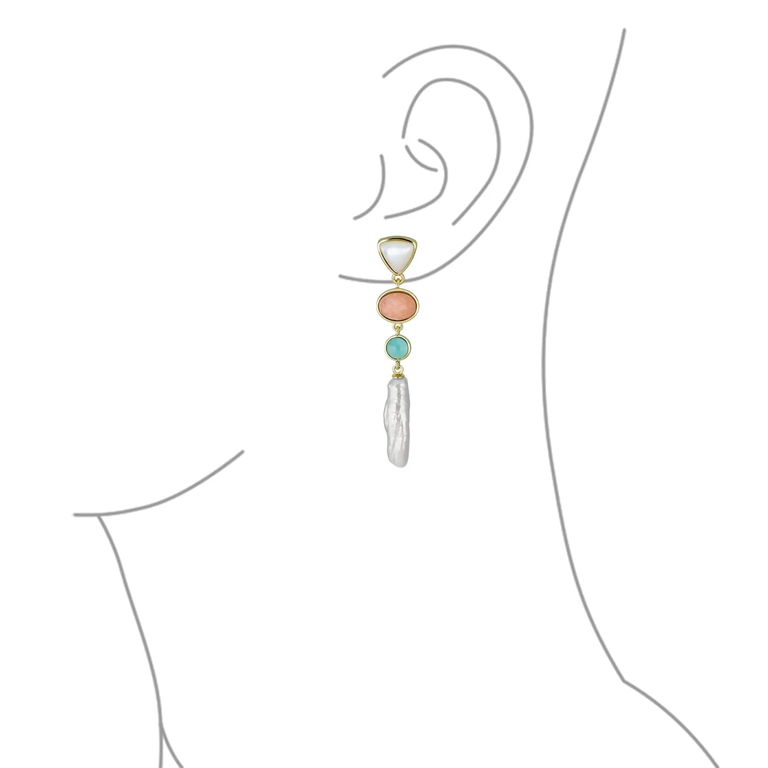 Modern Bridal Dangle Gemstone Earrings with Tri Tone Pastel Gemstones & Pearls