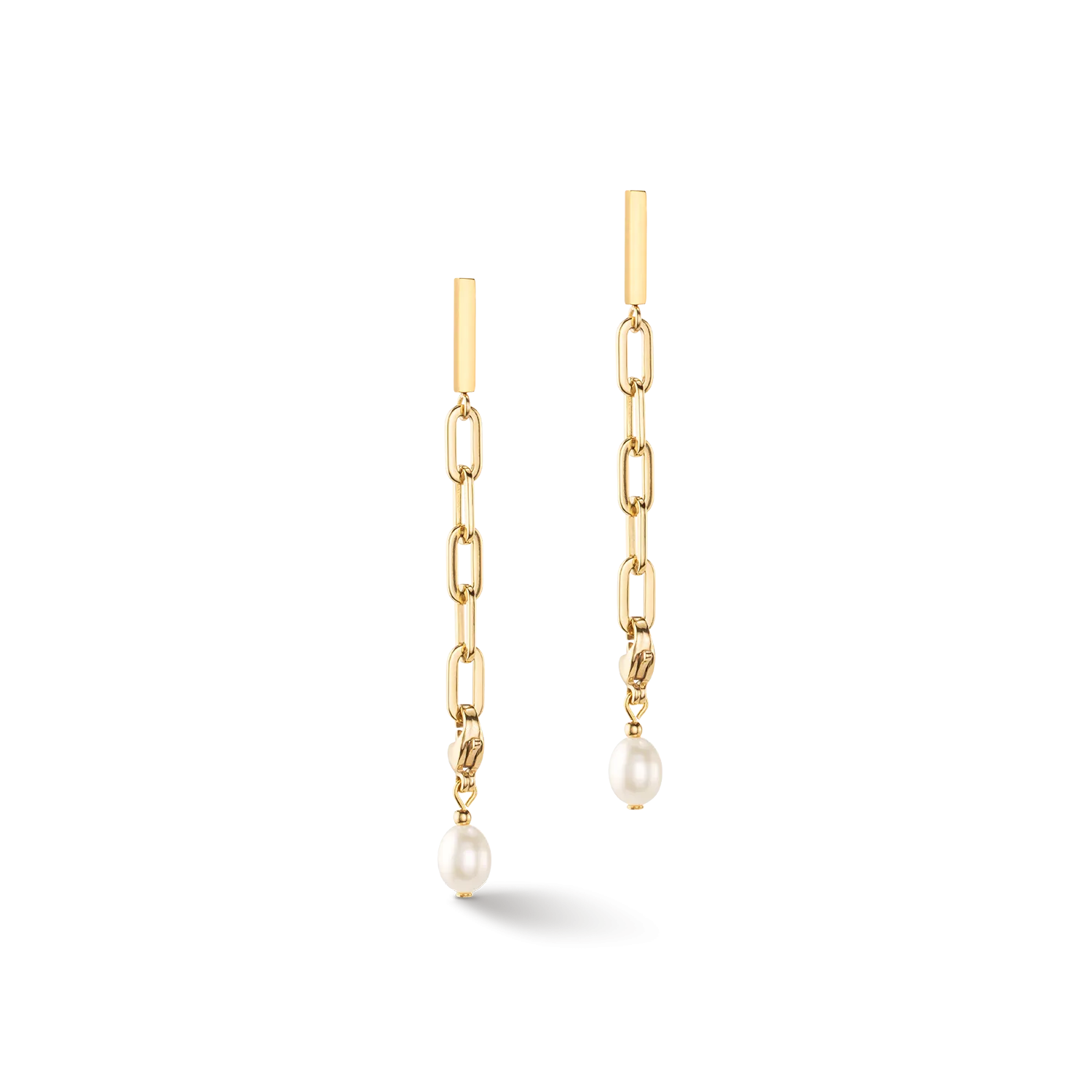 Modern chain earrings with freshwater pearl charms gold