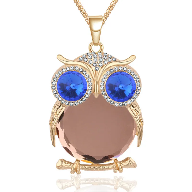 New Fashion Charms Crystal Owl Necklace Rhinestone Gem Cubic Zircon Diamond Long Chain Necklaces&Pendants Women Jewelry