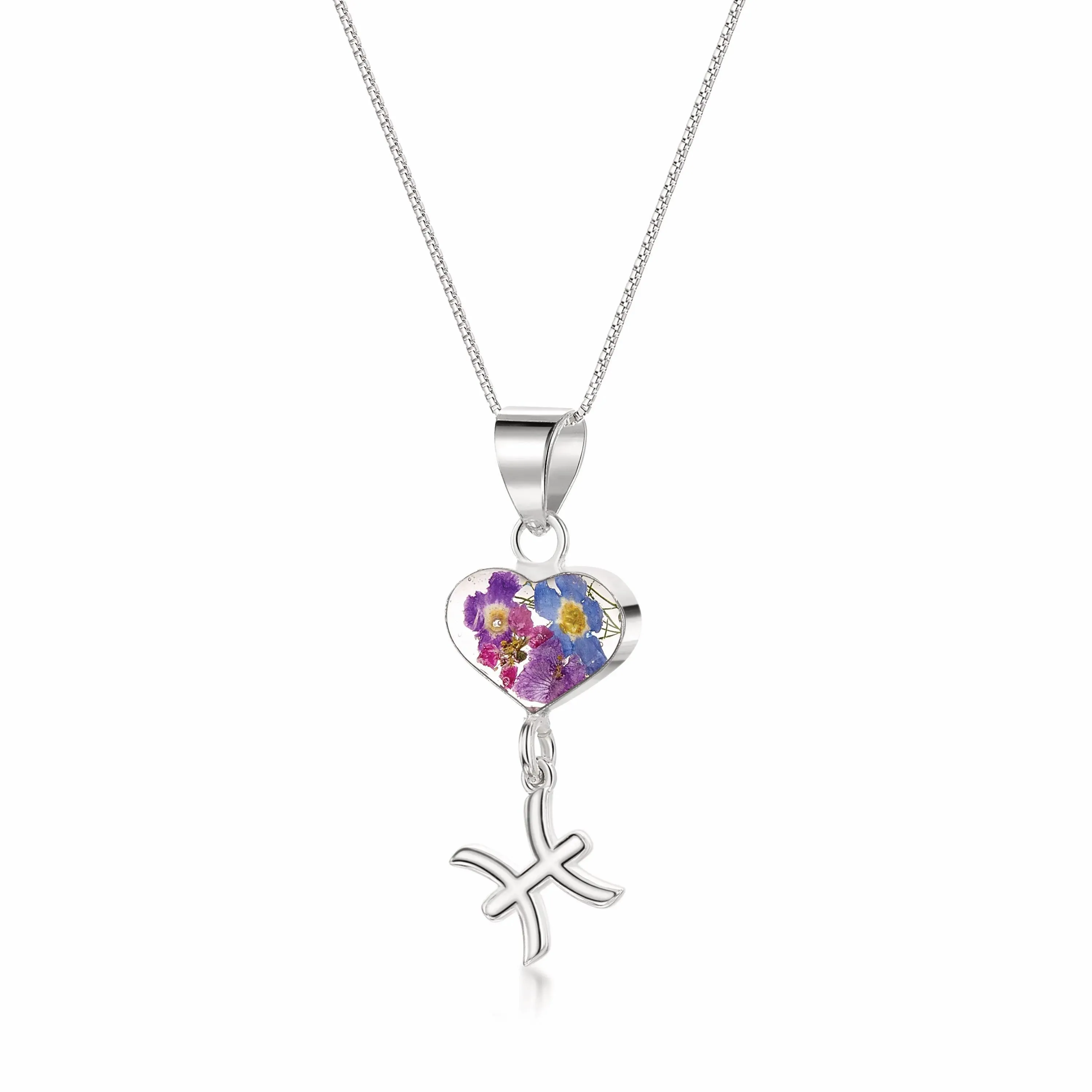 Pisces Necklace - Sterling silver pendant with real flowers & a zodiac charm    More Options...