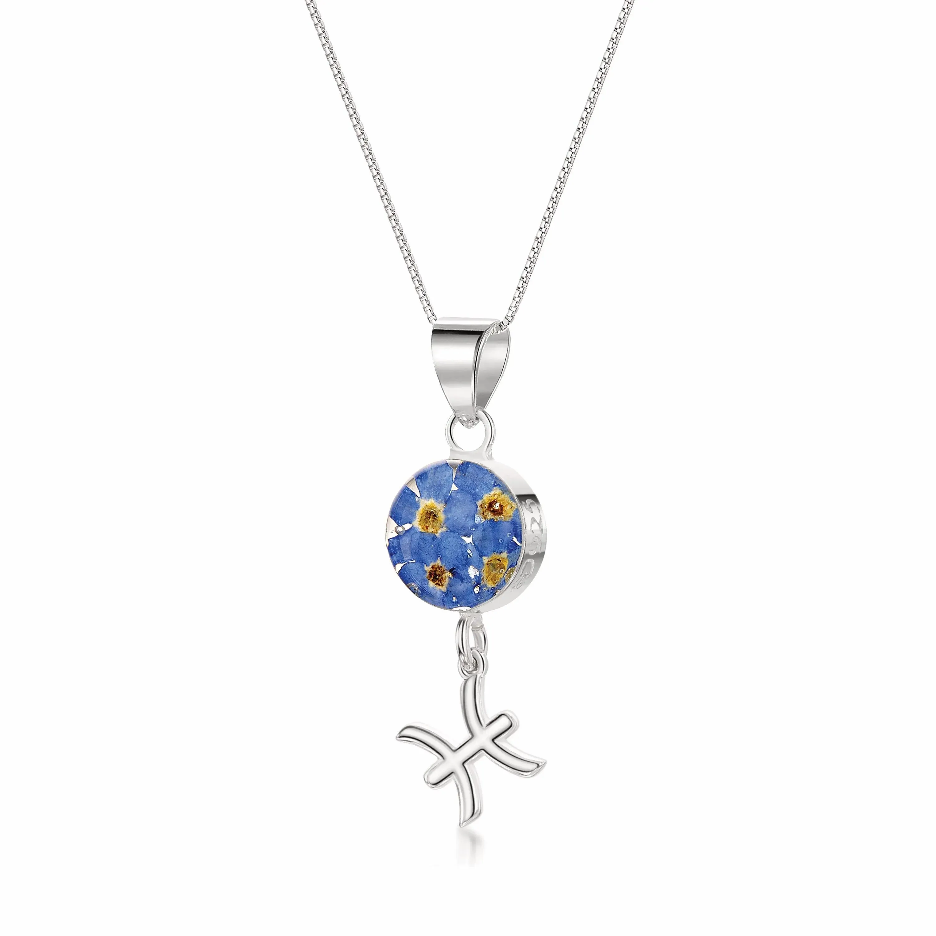 Pisces Necklace - Sterling silver pendant with real flowers & a zodiac charm    More Options...