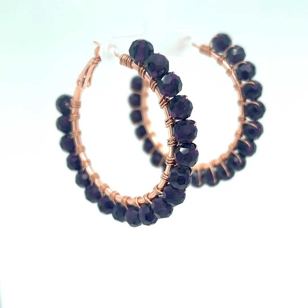 Purple Beaded Rose Gold Hoop Earrings Medium