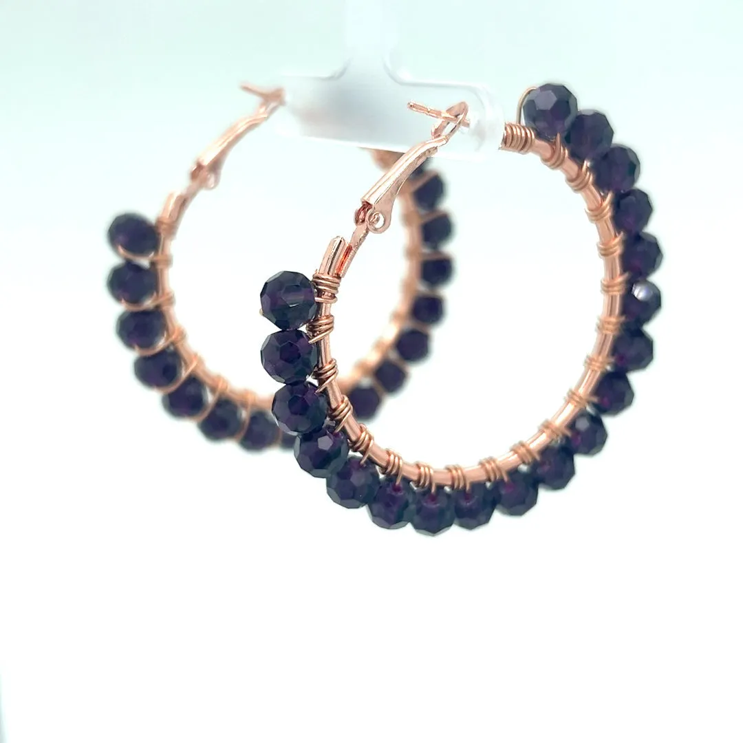 Purple Beaded Rose Gold Hoop Earrings Medium