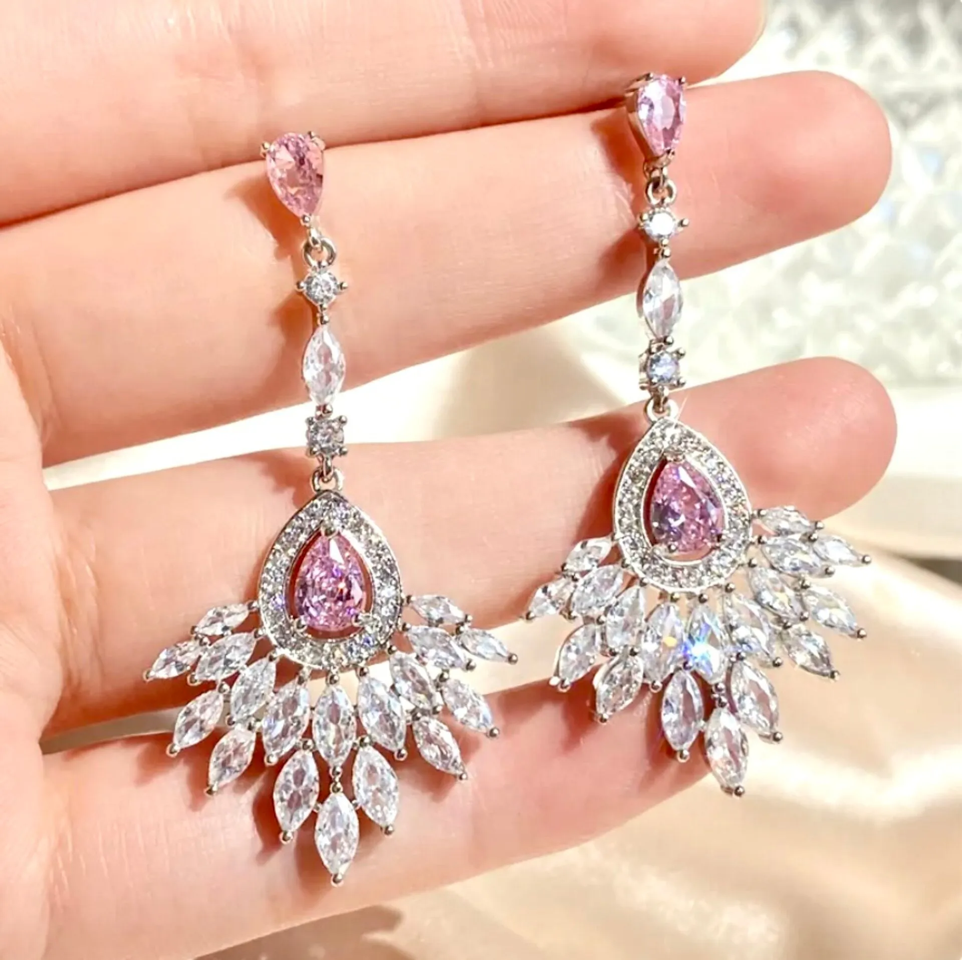 "Carmine" - Pink Cubic Zirconia Bridal Earrings