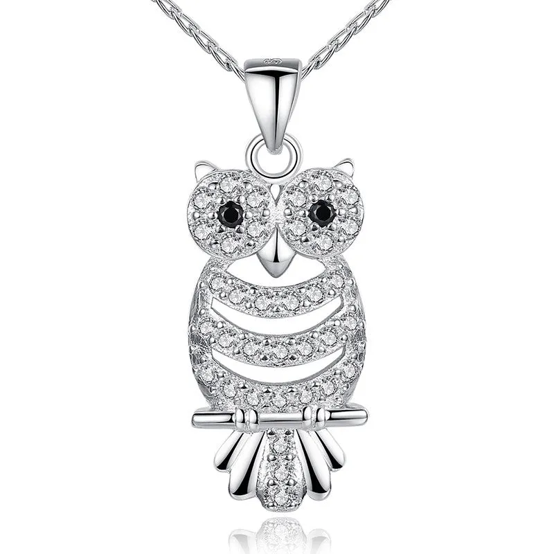 Retro Owl Pendant Necklace with AAA Austrian Zircon 18K White Gold Plated Women Clothing Accessories