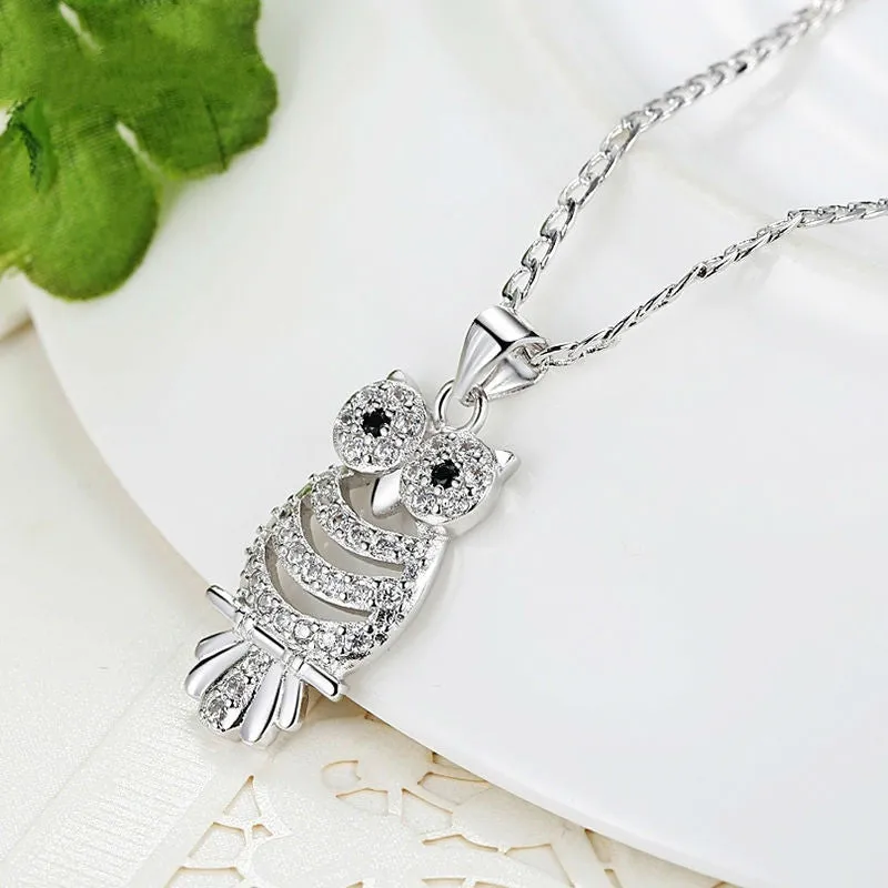 Retro Owl Pendant Necklace with AAA Austrian Zircon 18K White Gold Plated Women Clothing Accessories