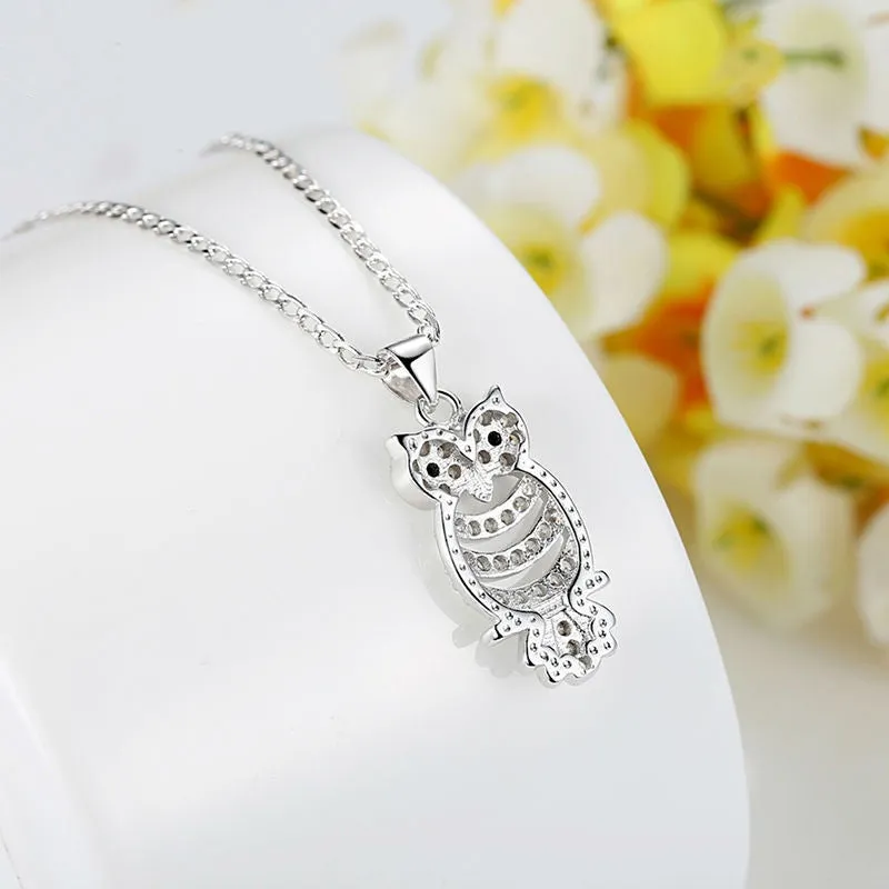 Retro Owl Pendant Necklace with AAA Austrian Zircon 18K White Gold Plated Women Clothing Accessories