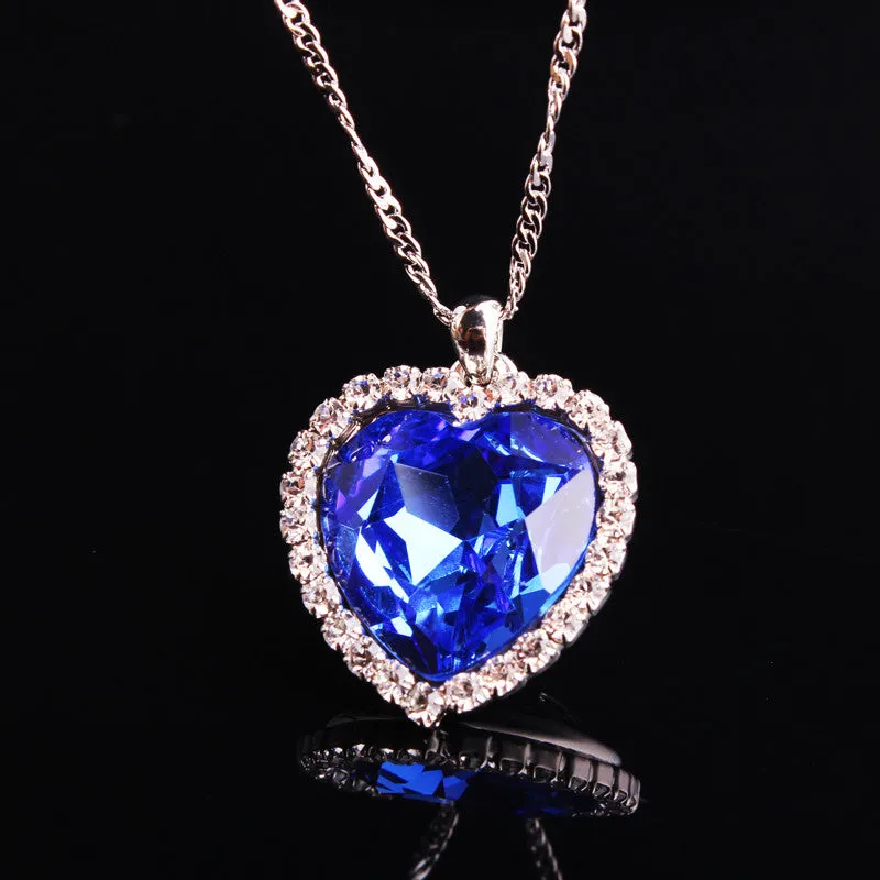 Romantic Titanic Ocean Heart Pendant Necklaces For Women Blue Crystal Rhinestone Choker Necklace Silver Plated Jewelry