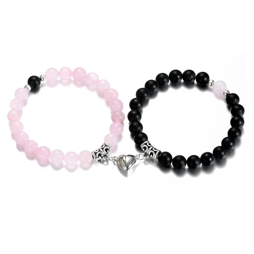 Rose Quartz and Matte Black Agate Magnetic Couple Bracelets