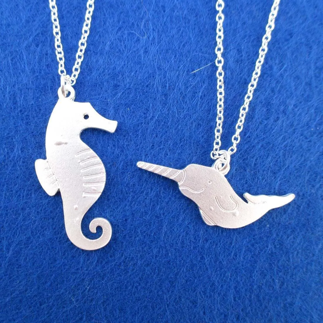 Sea Creatures Themed Seahorse and Narwhal 2 Piece Necklace Set in Silver