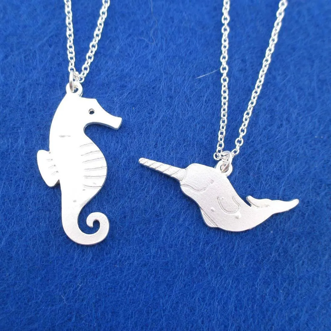 Sea Creatures Themed Seahorse and Narwhal 2 Piece Necklace Set in Silver